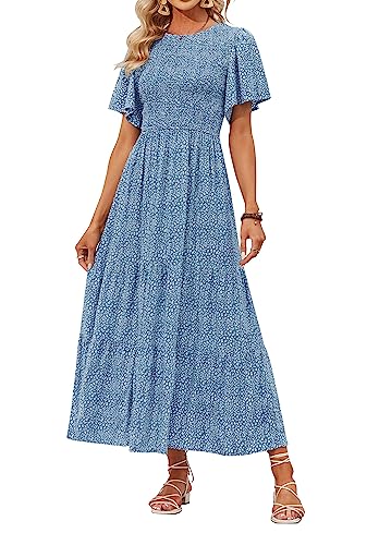 ZESICA Lässiges Maxikleid für Damen, Sommer, Blumenmuster, kurze Flatterärmel, Rundhalsausschnitt, gesmokt, hohe Taille, fließendes Maxikleid, blau, Mittel von ZESICA