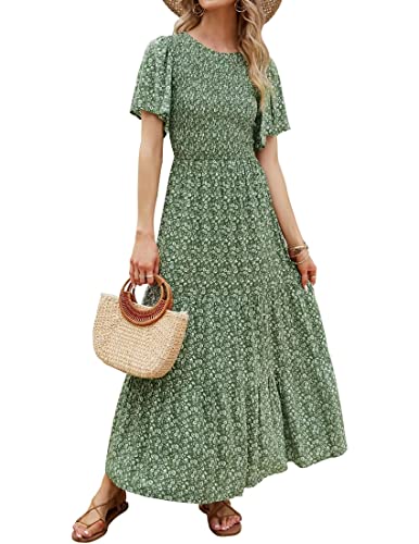 ZESICA Lässiges Maxikleid für Damen, Sommer, Blumenmuster, kurze Flatterärmel, Rundhalsausschnitt, gesmokt, hohe Taille, fließendes Maxikleid, olivgrün, Mittel von ZESICA