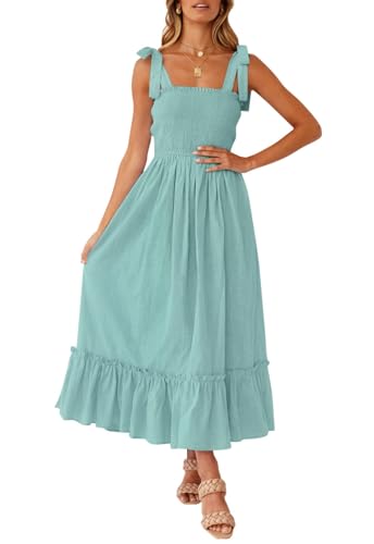 ZESICA Maxikleid für Damen, Sommer, Boho, Spaghettiträger, quadratischer Ausschnitt, einfarbig, Rüschen, A-Linie, Strand, langes Maxikleid, Salbei, Groß von ZESICA