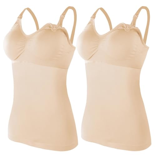 ZESLIV 2 Pcs Damen Stilltops Tanktop Unterhemd mit Integriertem BH Nahtloser Still-BH für Schwangerschafts Ohne Bügel Mutterschaft Tops, Hautfarbe L von ZESLIV