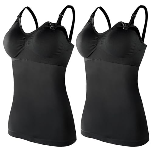 ZESLIV 2 Pcs Damen Stilltops Tanktop Unterhemd mit Integriertem BH Nahtloser Still-BH für Schwangerschafts Ohne Bügel Mutterschaft Tops, Schwarz S von ZESLIV