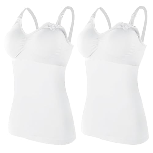 ZESLIV 2 Pcs Damen Stilltops Tanktop Unterhemd mit Integriertem BH Nahtloser Still-BH für Schwangerschafts Ohne Bügel Mutterschaft Tops, Weiß M von ZESLIV