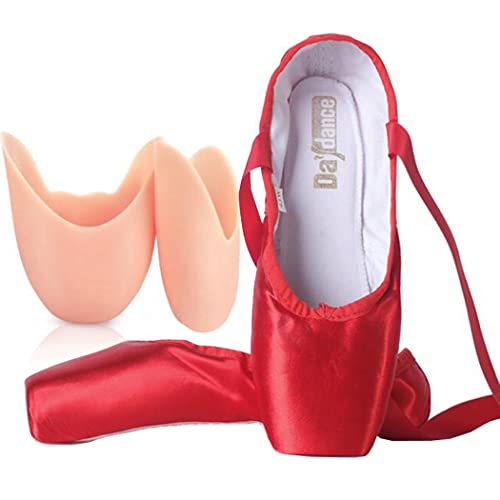 ZESLIV Ballettschuhe mit Silikon Zehenpads für Mädchen Kinder Damen Rot Satin Spitzenschuhe Tanzschuhe Ballettschläppchen Gr.31-43 von ZESLIV