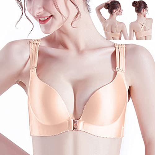 ZESLIV Damen BH Vorderverschluss ohne Bügel 100A Hautfarbe Push Up BH mit 3 Sätze Schultergurte große größen Frauen Wohlfühl Bustier Strass Bra von ZESLIV