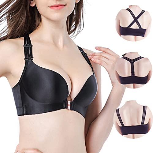 ZESLIV Damen BH Vorderverschluss ohne Bügel 100A Schwarz Push Up BH mit 3 Sätze Schultergurte große größen Frauen Wohlfühl Bustier Strass Bra von ZESLIV