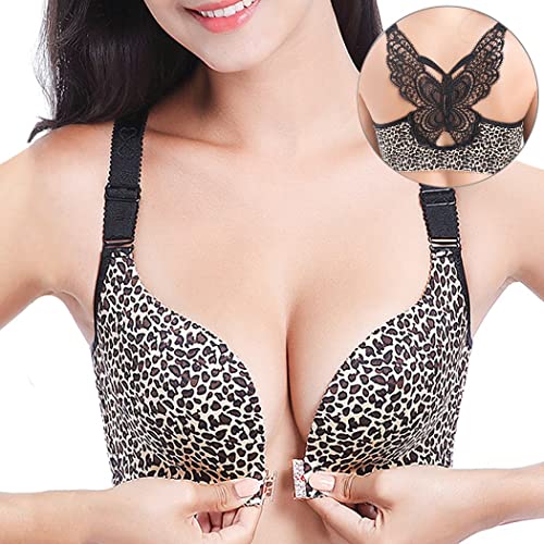 ZESLIV Damen BH Vorderverschluss ohne Bügel 100B Leopardenmuster Push Up BH mit Schmetterlingsrückseite große größen Frauen Wohlfühl Bustier Spitzen Strass Bra von ZESLIV