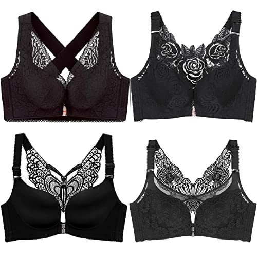 ZESLIV Damen BH Vorderverschluss ohne Bügel 100B Schwarz Push Up BH große größen Frauen Wohlfühl Bustier Gänseblümchen Spitzen Strass Bra von ZESLIV