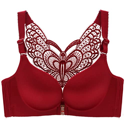 ZESLIV Damen BH Vorderverschluss ohne Bügel 100B Weinrot Push Up BH mit Schmetterlingsrückseite große größen Frauen Wohlfühl Bustier Spitzen Strass Bra von ZESLIV