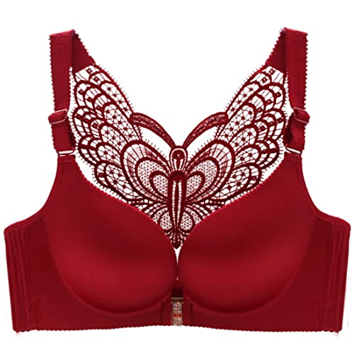 ZESLIV Damen BH Vorderverschluss ohne Bügel 105E Weinrot Push Up BH mit Schmetterlingsrückseite große größen Frauen Wohlfühl Bustier Spitzen Strass Bra von ZESLIV