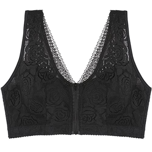 ZESLIV Damen BH Vorderverschluss ohne Bügel 110C Schwarz Push Up BH große größen Frauen Wohlfühl Bustier Spitzen Strass Bra von ZESLIV