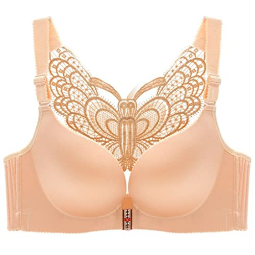 ZESLIV Damen BH Vorderverschluss ohne Bügel 115D Hautfarbe Push Up BH mit Schmetterlingsrückseite große größen Frauen Wohlfühl Bustier Spitzen Strass Bra von ZESLIV
