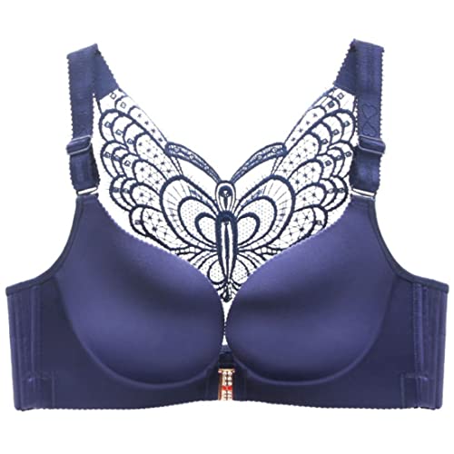 ZESLIV Damen BH Vorderverschluss ohne Bügel 115E Dunkelblau Push Up BH mit Schmetterlingsrückseite große größen Frauen Wohlfühl Bustier Spitzen Strass Bra von ZESLIV