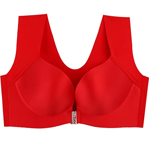 ZESLIV Damen BH Vorderverschluss ohne Bügel 115E Rot Push Up BH mit verbreiterte Schultergurte Frauen Wohlfühl Bustier Strass Bra von ZESLIV