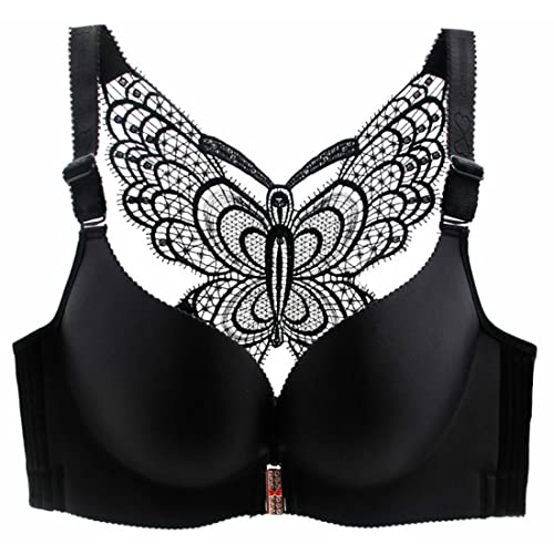 ZESLIV Damen BH Vorderverschluss ohne Bügel 115E Schwarz Push Up BH mit Schmetterlingsrückseite große größen Frauen Wohlfühl Bustier Spitzen Strass Bra von ZESLIV