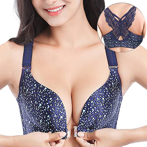 ZESLIV Damen BH Vorderverschluss ohne Bügel 80B Leopardenmuster Push Up BH mit Schmetterlingsrückseite große größen Frauen Wohlfühl Bustier Spitzen Strass Bra von ZESLIV