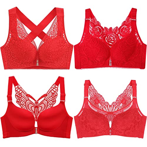 ZESLIV Damen BH Vorderverschluss ohne Bügel 80B Rot Push Up BH mit Schmetterlingsrückseite große größen Frauen Wohlfühl Bustier Spitzen Strass Bra von ZESLIV