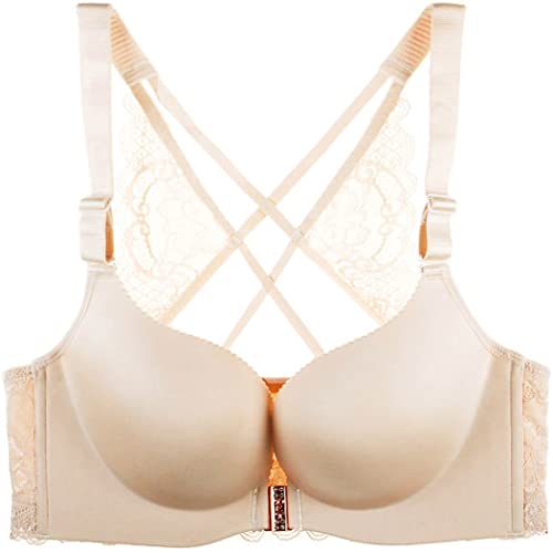 ZESLIV Damen BH Vorderverschluss ohne Bügel 85B Hautfarbe Push Up BH mit Verschluss vorne große größen Frauen Wohlfühl Bustier Spitzen Strass Bra von ZESLIV