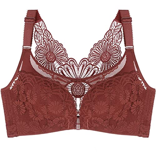 ZESLIV Damen BH Vorderverschluss ohne Bügel 90B Karamellfarbe Push Up BH große größen Frauen Wohlfühl Bustier Gänseblümchen Spitzen Strass Bra von ZESLIV