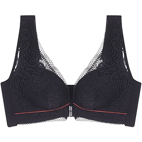ZESLIV Damen BH Vorderverschluss ohne Bügel 95C Schwarz Push Up BH große größen Frauen Wohlfühl Spitze Bustier Nahtlos Strass Bra von ZESLIV