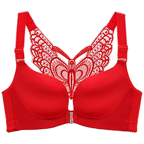 ZESLIV Damen BH Vorderverschluss ohne Bügel 95E Rot Push Up BH mit Schmetterlingsrückseite große größen Frauen Wohlfühl Bustier Spitzen Strass Bra von ZESLIV