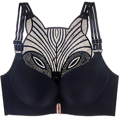 ZESLIV Damen BH Vorderverschluss ohne Bügel Schwarz 120E Push Up BH mit Fuchs-Stickerei große größen Frauen Wohlfühl Bustier Strass Bra von ZESLIV