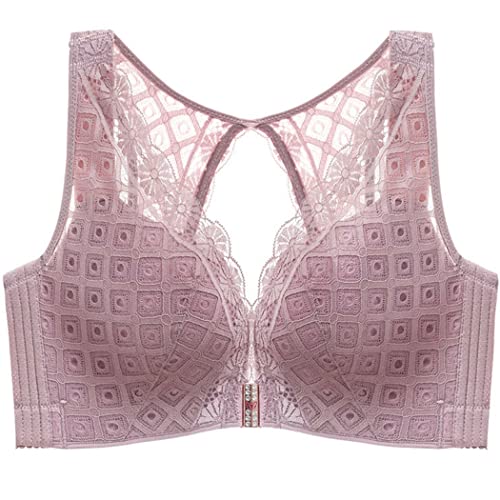 ZESLIV Damen BH mit Verschluss vorne ohne Bügel 100C Violett Push Up BH Vorderverschluss große größen Frauen Wohlfühl Spitze Bustier Strass Bra von ZESLIV