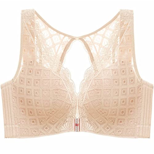 ZESLIV Damen BH mit Verschluss vorne ohne Bügel 100E Hautfarbe Push Up BH Vorderverschluss große größen Frauen Wohlfühl Spitze Bustier Strass Bra von ZESLIV