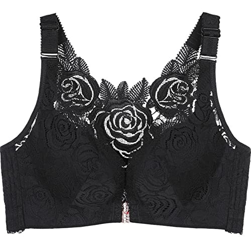 ZESLIV Damen BH ohne Bügel 90E Schwarz Push Up BH Vorderverschluss große größen Frauen Wohlfühl Bustier Rose Spitzen Bra Dessous Unterwäsche von ZESLIV
