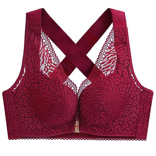 ZESLIV Damen BH ohne Bügel große größen 100B Weinrot Vorderverschluss Push Up BH mit Verbreitete Schultergurte Frauen Wohlfühl Bustier Spitzen Strass Bra von ZESLIV