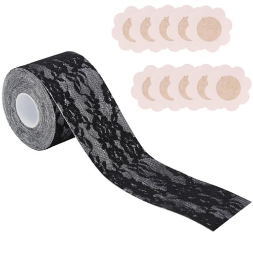 ZESLIV Klebe BH Push Up Spitze Brust Tape 5cm*5m Booby Tape mit 5 Paar Nippel-Pads für Rückenfrei & Trägerlose Abendkleider, Schwarz von ZESLIV