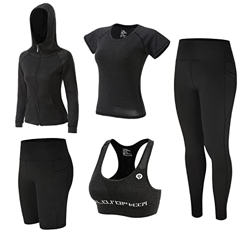 ZETIY 5 Stück Damen Fitness Trainingsanzug Yoga Set, Sportbekleidung Pilates Sportbekleidung Tennisbekleidung Laufbekleidung für Gym Fitness Jogging - Schwarz - M von ZETIY