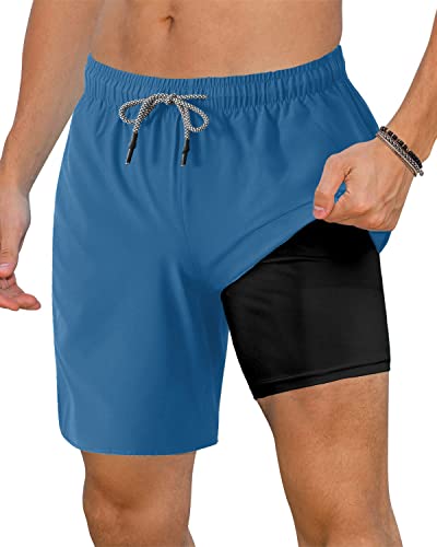 ZETIY Badehose für Herren Badeshorts mit Kompression Liner 2 in 1 Schnelltrocknend Strandhose Männer Elastisch Surf Shorts Jungen Kordelzug Shorts lässige - Blau - M von ZETIY