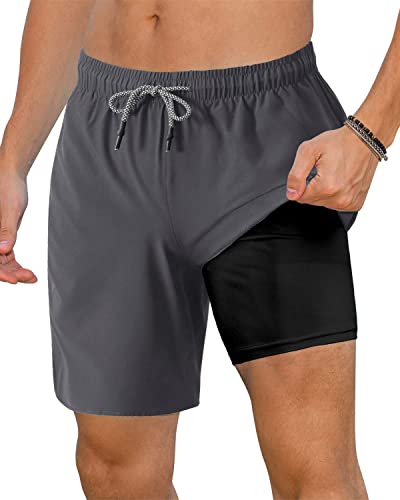 ZETIY Badehose für Herren Badeshorts mit Kompression Liner 2 in 1 Schnelltrocknend Strandhose Männer Elastisch Surf Shorts Jungen Kordelzug Shorts lässige - Grau - M von ZETIY