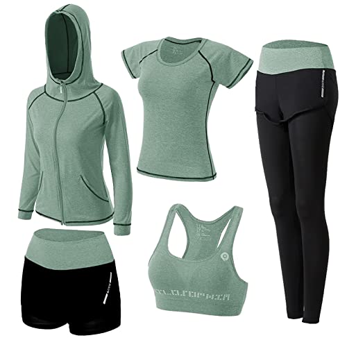 ZETIY Damen Traingsanzug Yoga Kleidung Anzug 5er-Set Sportanzüge Jogginganzug Gym Fitness Kleidung Laufbekleidung Sportswear Sport Yoga Outfit Damen BH Leggings Set - Grün - L von ZETIY