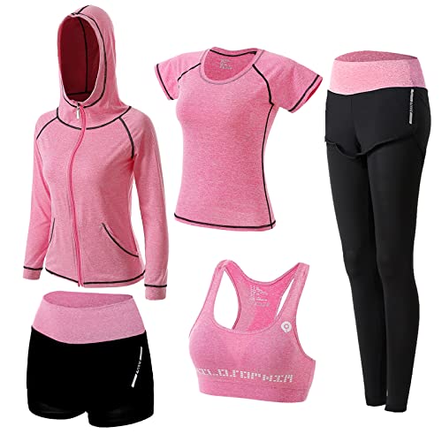 ZETIY Damen Traingsanzug Yoga Kleidung Anzug 5er-Set Sportanzüge Jogginganzug Gym Fitness Kleidung Laufbekleidung Sportswear Sport Yoga Outfit Damen BH Leggings Set - Rosa - L von ZETIY