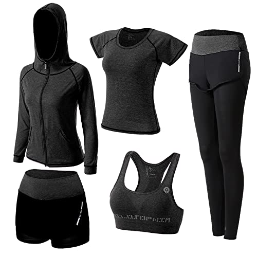 ZETIY Damen Traingsanzug Yoga Kleidung Anzug 5er-Set Sportanzüge Jogginganzug Gym Fitness Kleidung Laufbekleidung Sportswear Sport Yoga Outfit Damen BH Leggings Set - Schwarz - M von ZETIY