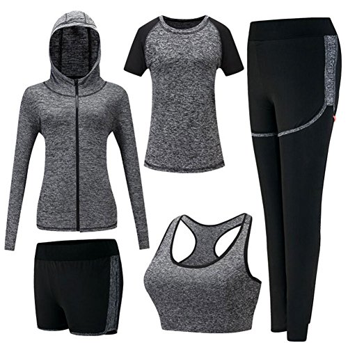 ZETIY Damen Traingsanzug Yoga Kleidung Anzug 5er-Set Sportanzüge Jogginganzug Gym Fitness Kleidung Laufbekleidung Sportswear Sport Yoga Outfit Damen BH Leggings Set - Grau - S von ZETIY