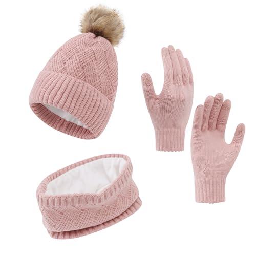 ZETIY Damen Schal Strickmütze Kombiset Winter Beanie Handschuhe Strickset Geschenkset Touchscreen-Handschuhe für Outdoor Ski - Rosa von ZETIY