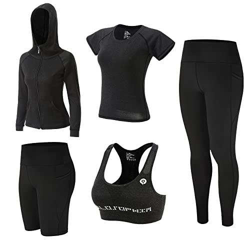 ZETIY 5 Stück Damen Fitness Trainingsanzug Yoga Set, Sportbekleidung Pilates Sportbekleidung Tennisbekleidung Laufbekleidung für Gym Fitness Jogging - Schwarz - S von ZETIY