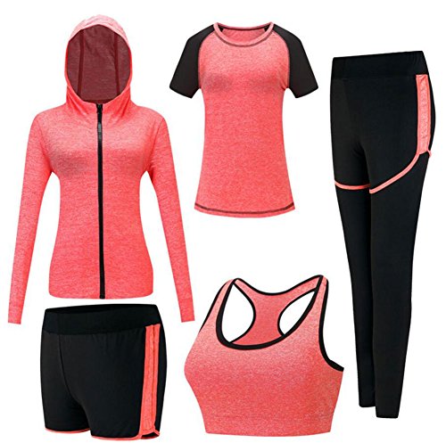 ZETIY Damen Traingsanzug Yoga Kleidung Anzug 5er-Set Sportanzüge Jogginganzug Gym Fitness Kleidung Laufbekleidung Sportswear Sport Yoga Outfit Damen BH Leggings Set - Orange - S von ZETIY