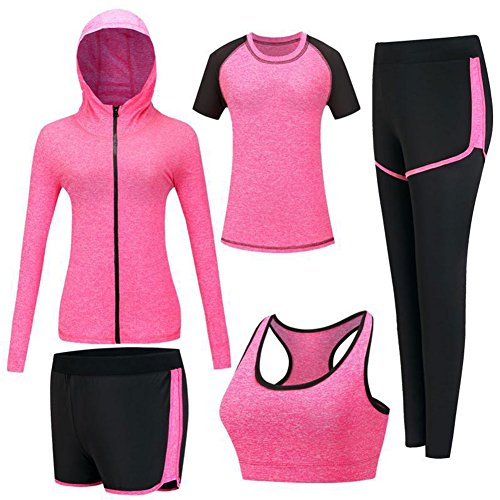 ZETIY Damen Traingsanzug Yoga Kleidung Anzug 5er-Set Sportanzüge Jogginganzug Gym Fitness Kleidung Laufbekleidung Sportswear Sport Yoga Outfit Damen BH Leggings Set - Rose Rot - L von ZETIY