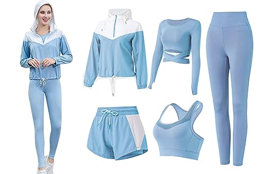 ZETIY Sport Set Damen Trainingsanzug Yoga Kleidung Anzug 5er-Set Laufbekleidung Damen BH Leggings Set für Gym Fitness Kleidung - Blau - L von ZETIY