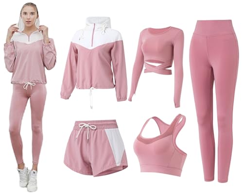 ZETIY Sport Set Damen Trainingsanzug Yoga Kleidung Anzug 5er-Set Laufbekleidung Damen BH Leggings Set für Gym Fitness Kleidung - Rosa - XL von ZETIY