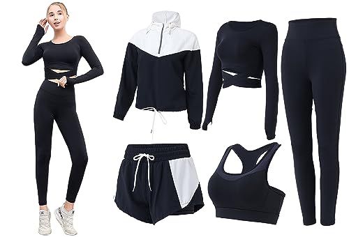 ZETIY Sport Set Damen Trainingsanzug Yoga Kleidung Anzug 5er-Set Laufbekleidung Damen BH Leggings Set für Gym Fitness Kleidung - Schwarz - XL von ZETIY