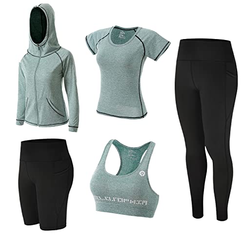 ZETIY 5 Stück Damen Fitness Trainingsanzug Yoga Set, Sportbekleidung Pilates Sportbekleidung Tennisbekleidung Laufbekleidung für Gym Fitness Jogging - Grün - L von ZETIY