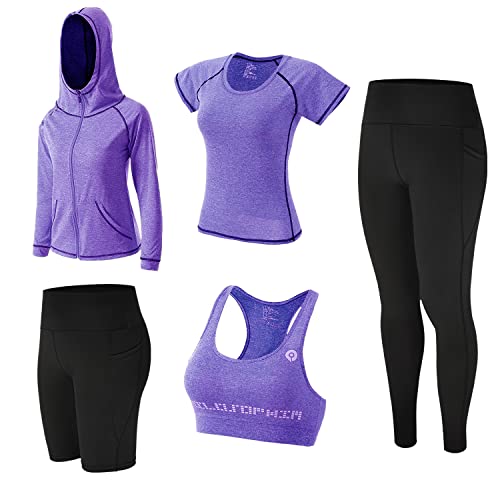 ZETIY 5 Stück Damen Fitness Trainingsanzug Yoga Set, Sportbekleidung Pilates Sportbekleidung Tennisbekleidung Laufbekleidung für Gym Fitness Jogging - Lila - M von ZETIY
