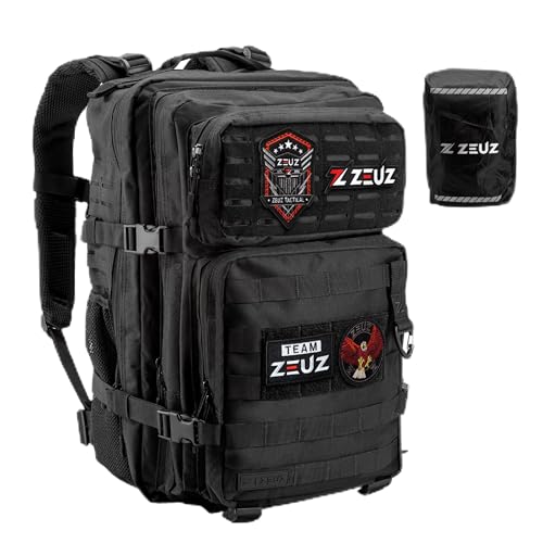 ZEUZ 45 Liter Rucksack Herren & Damen - Sporttasche - Taktischer Militär Backpack mit Waserdicht Abdeckung - Für Crossfit, Fitness, Gym, Sport & Wandern Bag - Outdoor MOLLE Wanderrucksack - Schwarz von ZEUZ