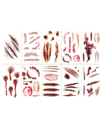 ZEXIJOW 10 Blatt Temporäre Tattoos - Halloween Zombie Scars Tattoos Aufkleber mit gefälschten Scab Blut Spezial Fx Kostüm Makeup Stützen Geeignet für Erwachsene,Wasserdicht,Rot,Braun,Schwarz von ZEXIJOW