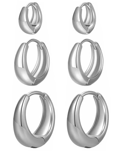 ZEXIJOW 3 Paar Silber Creolen für Damen,14 Karat vergoldete Creolen,Leichte Ohrringe,Hypoallergene silberne Creolen,Kleine Creolen für mehrere Löcher von ZEXIJOW