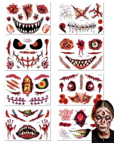 ZEXIJOW 8 Blatt Narben Wunden Tattoo,Zombie Kostüm Kinder Damen,Realistisch Wunden Tattoo Halloween Karneval Schminke,Kunstblut Halloween Karneval Tattoo Gesicht,Körper Make-up Requisiten von ZEXIJOW